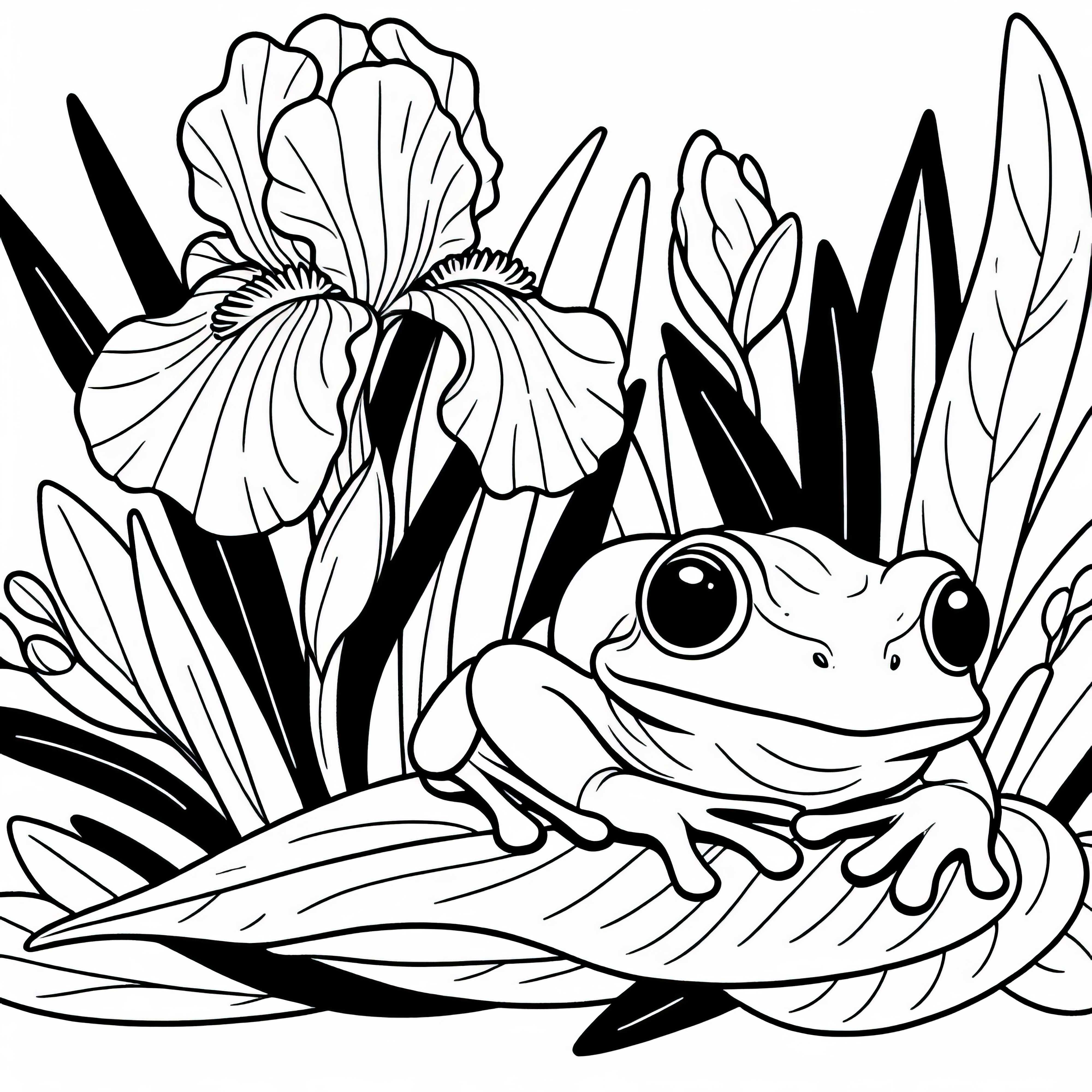Жаба седи на лист близо до цветето ирис - Оцветяваща страница безплатно