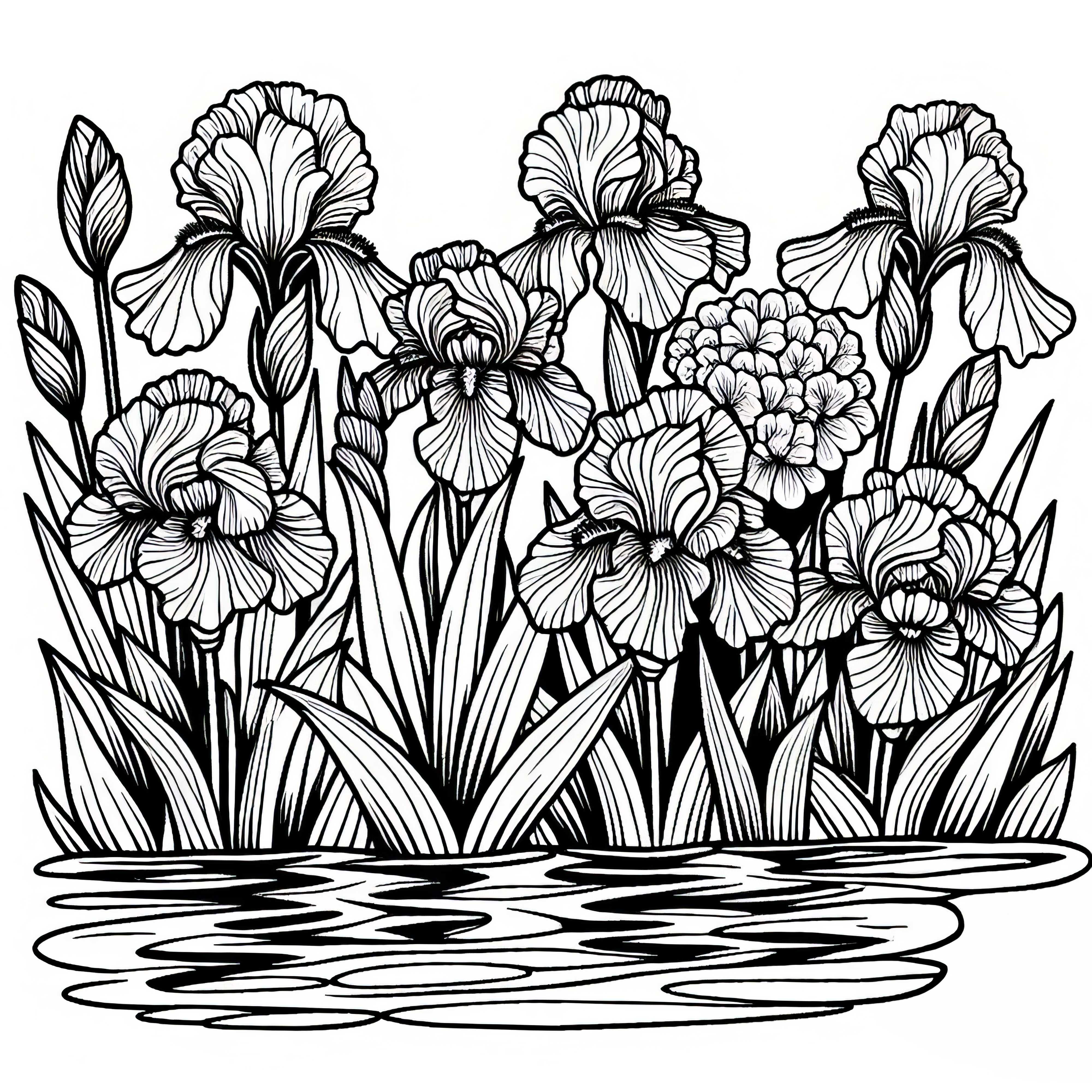 Няколко цветя: Ирис стои на брега на езерото – Безплатна оцветяваща страница Няколко цветя: Ирис На брега на езерото – Оцветяване безплатно