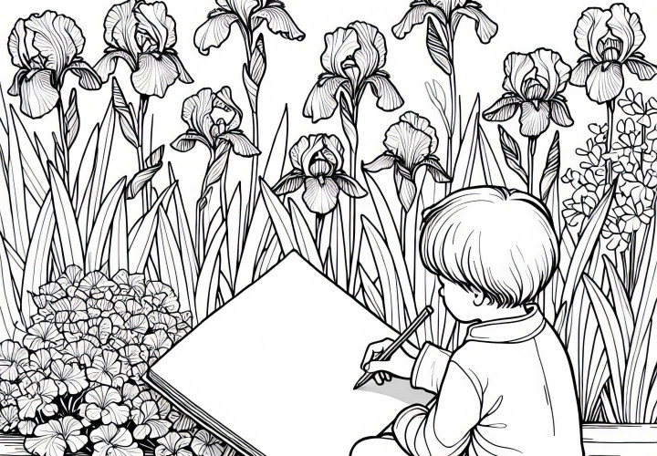 Дете с молив за рисуване пред цветя – безплатен шаблон за рисуване на ирис