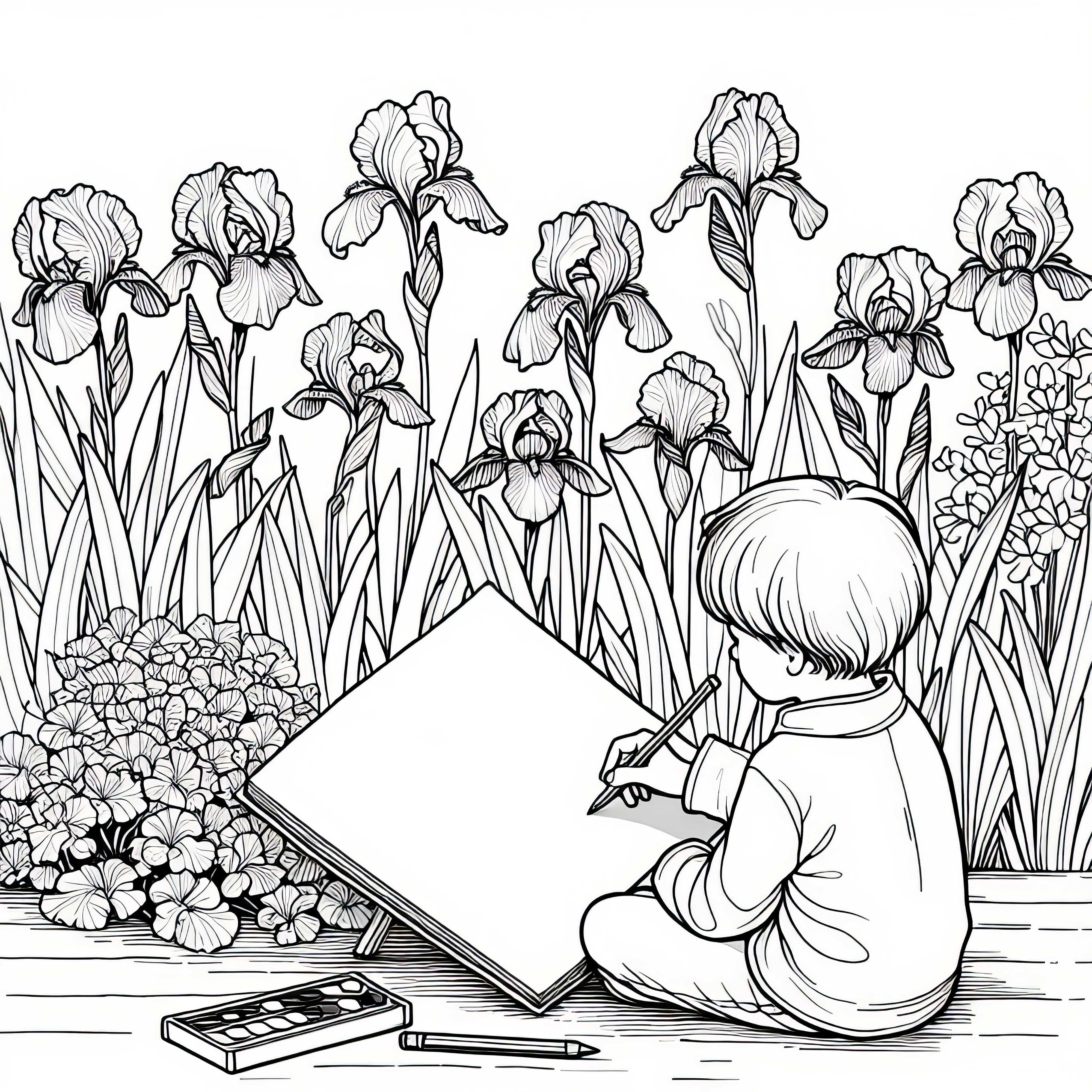 Дете с рисувателна тетрадка пред цветя - безплатен шаблон за оцветяване на ириси Дете с рисувателна тетрадка пред цветя – безплатен шаблон за рисуване на ириси