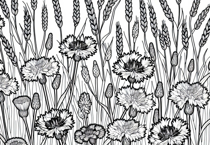 Several cornflowers grow between stalks of grain – Free coloring page