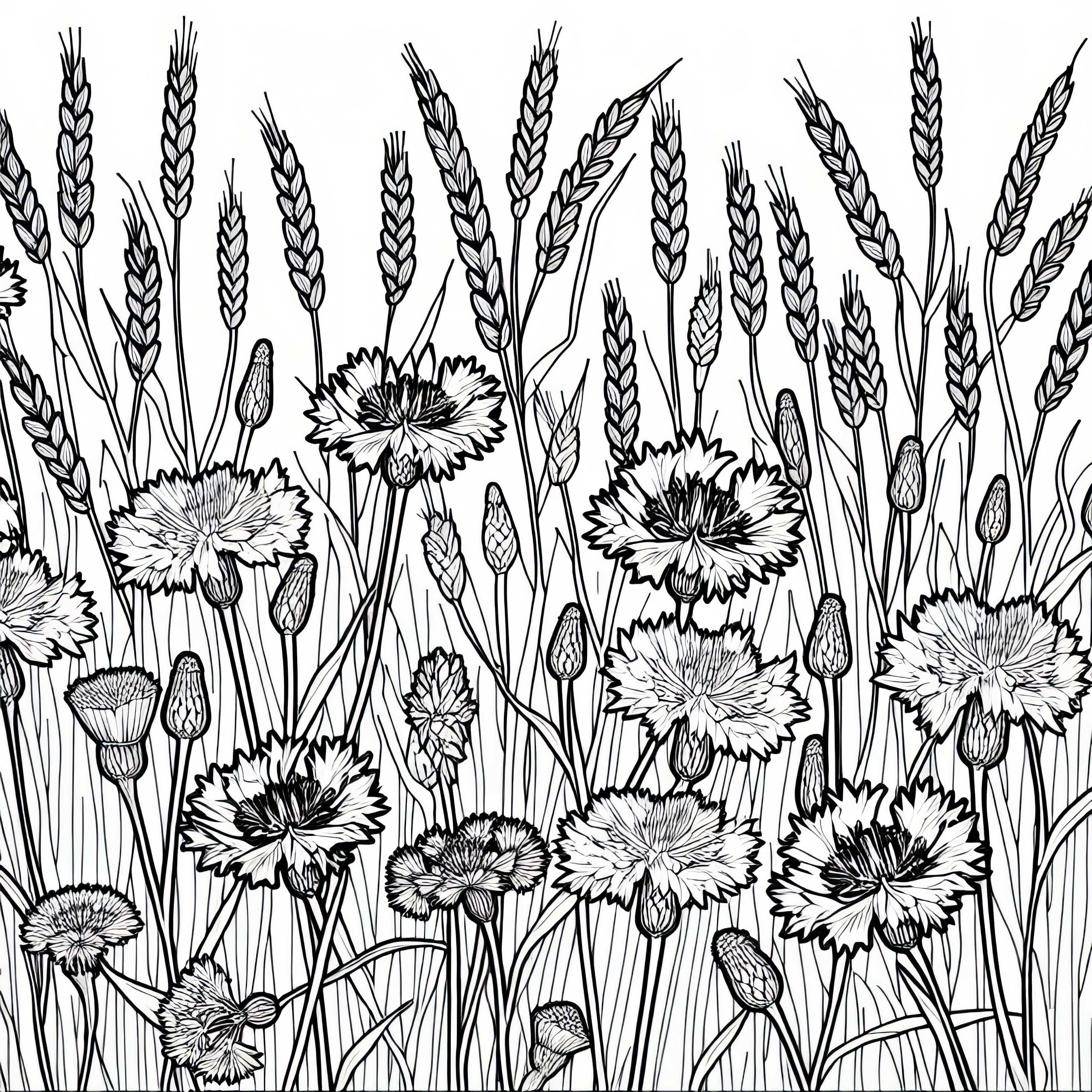 Several cornflowers grow among the cereal stalks – Free coloring page