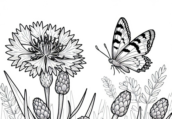 Butterfly on cornflower in the middle of the field - free coloring template