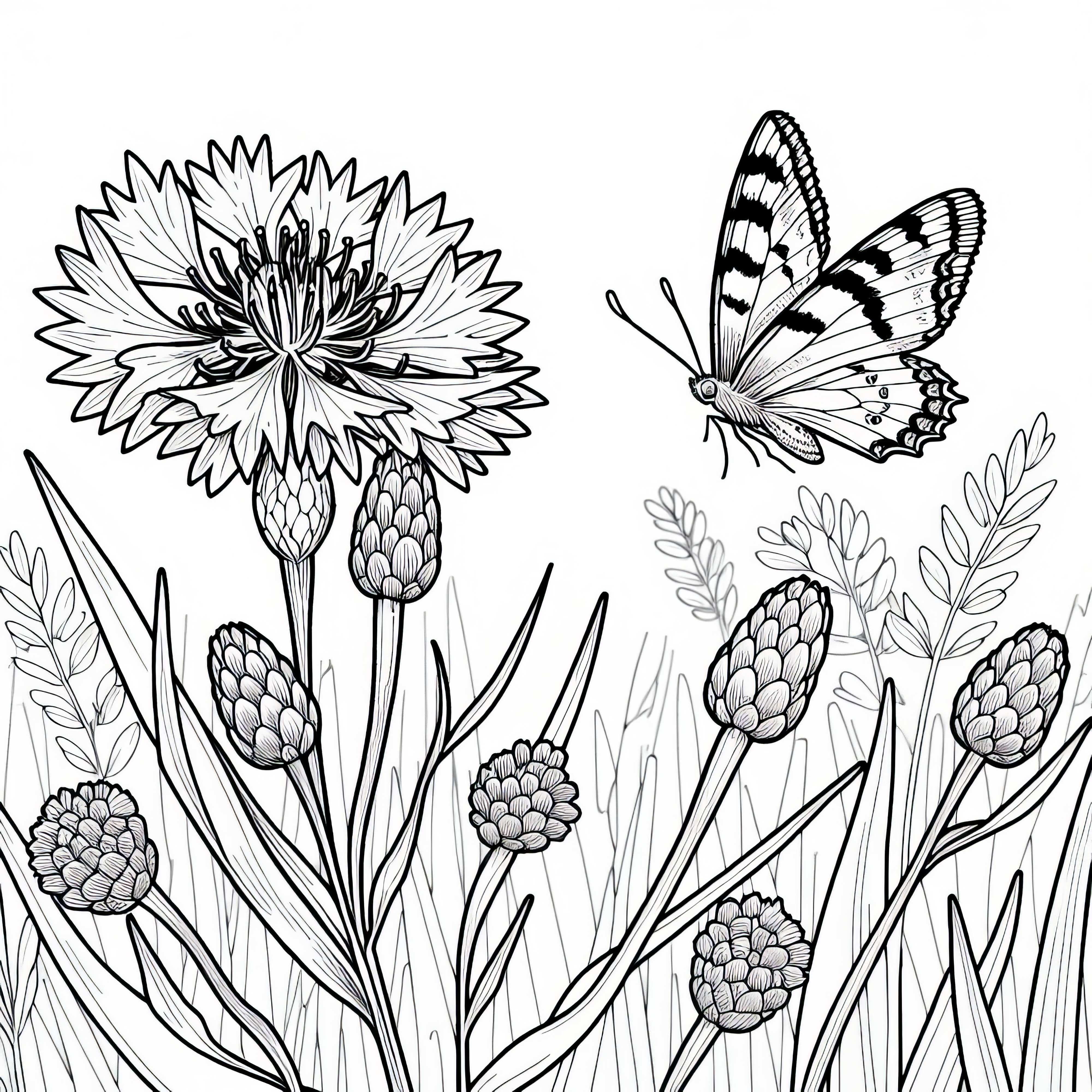 Butterfly on cornflower in the middle of the field - free coloring page