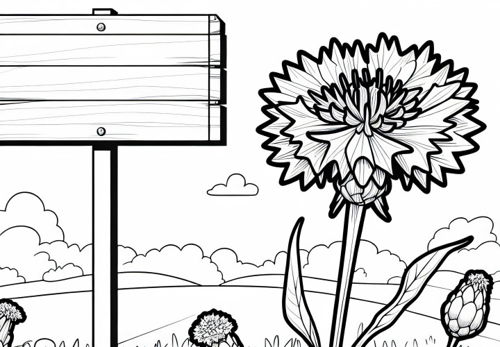 Cornflower stands by the roadside next to a wooden sign – Free coloring picture