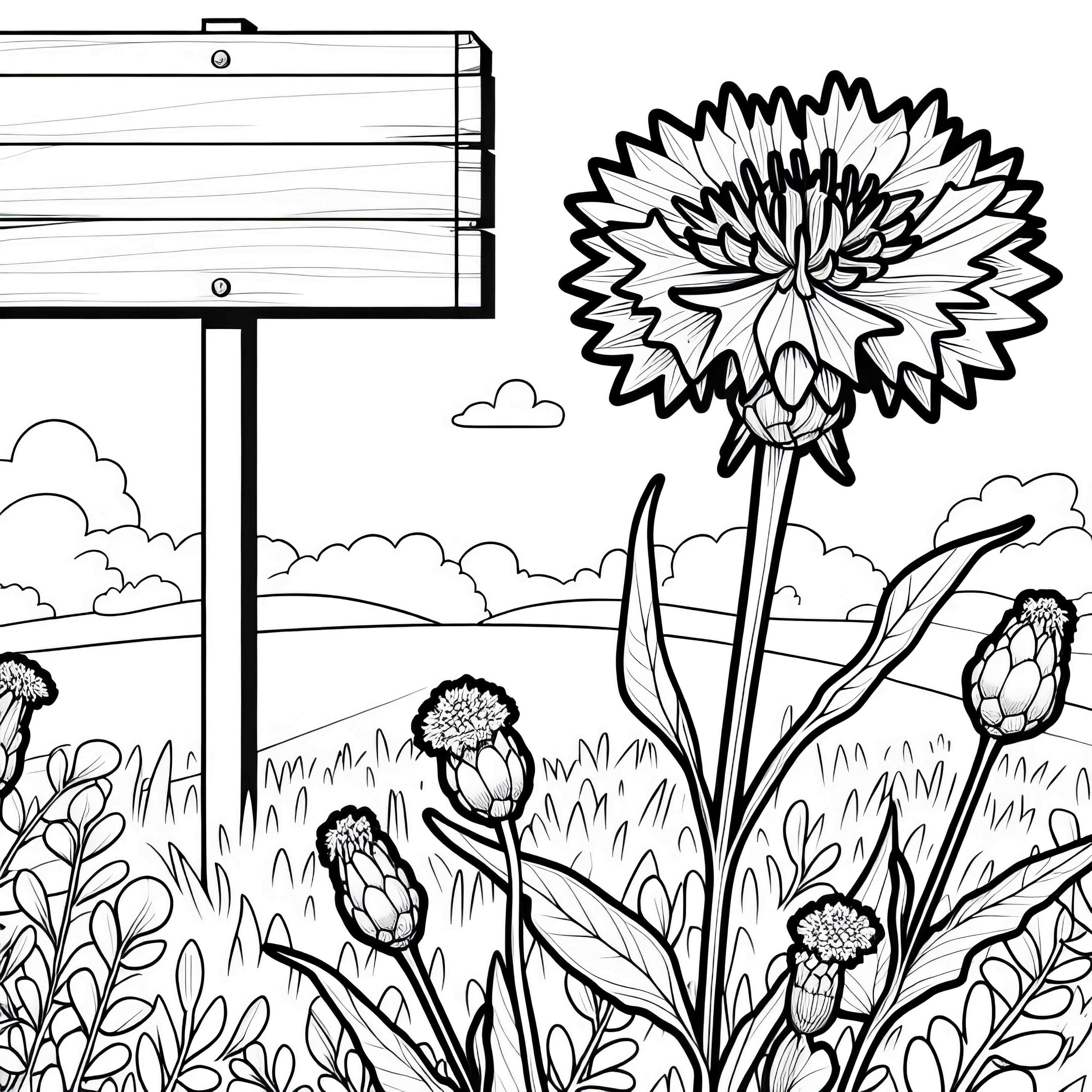 Cornflower stands by the wayside next to a wooden sign – Free coloring page Cornflower stands by the wayside next to a wooden sign - Coloring page free of charge