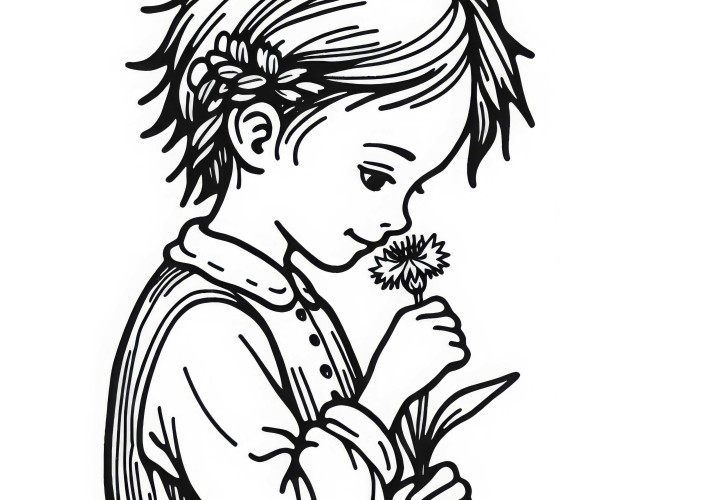 Child with Cornflower Coloring Page Free