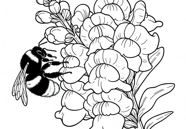 Bumblebee crawls on the blossom of the flower snapdragon – free coloring template