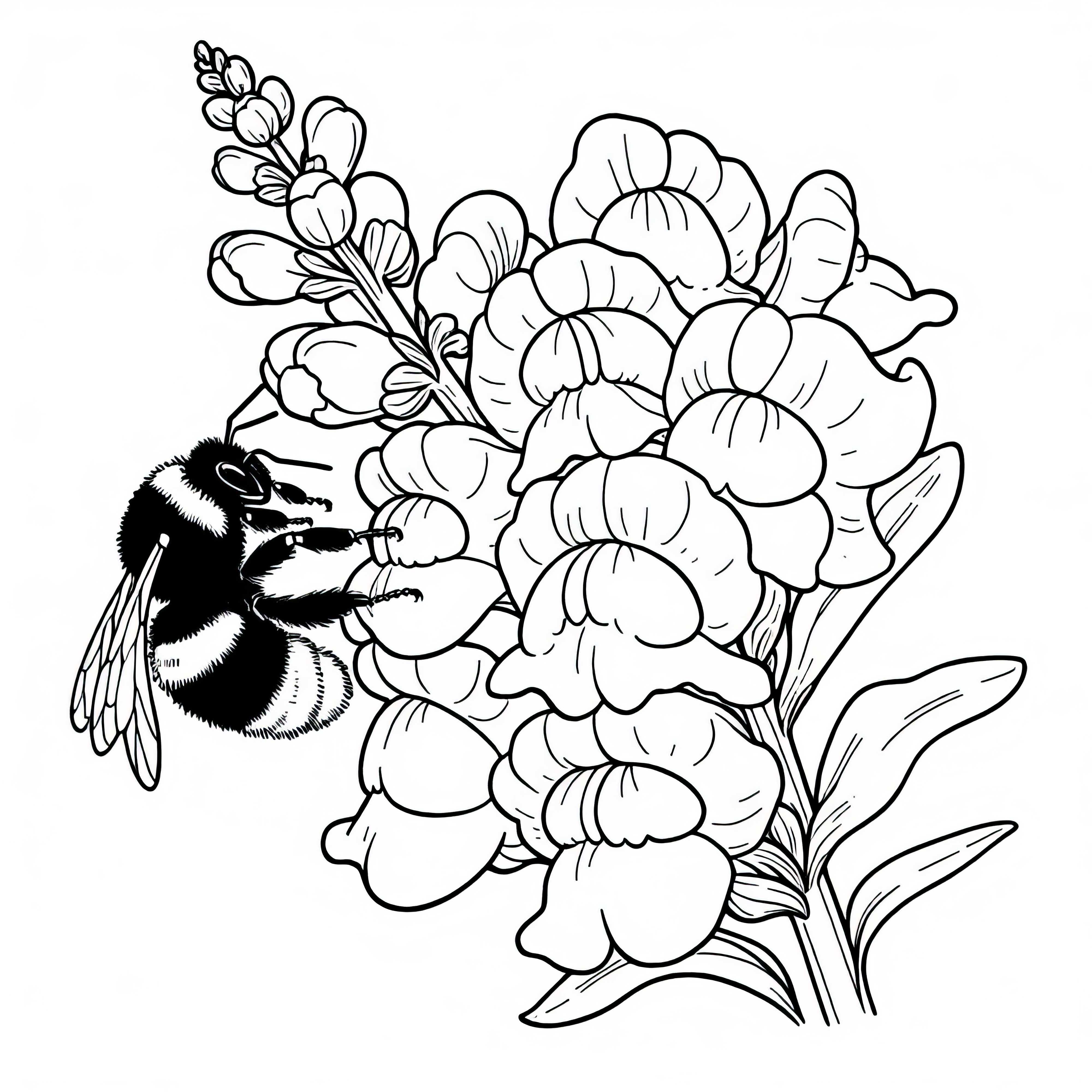 Bee crawls on the bloom of the snapdragon flower - free coloring page