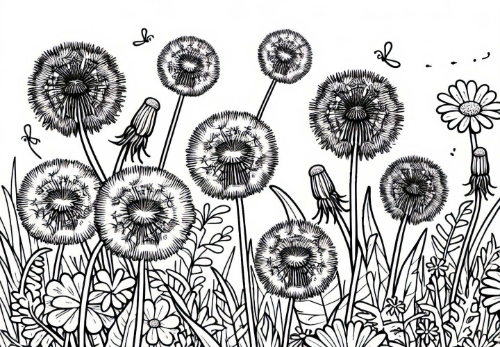 Няколко цветя: Глухарче, растящо в див участък с тревички – безплатен шаблон за оцветяване