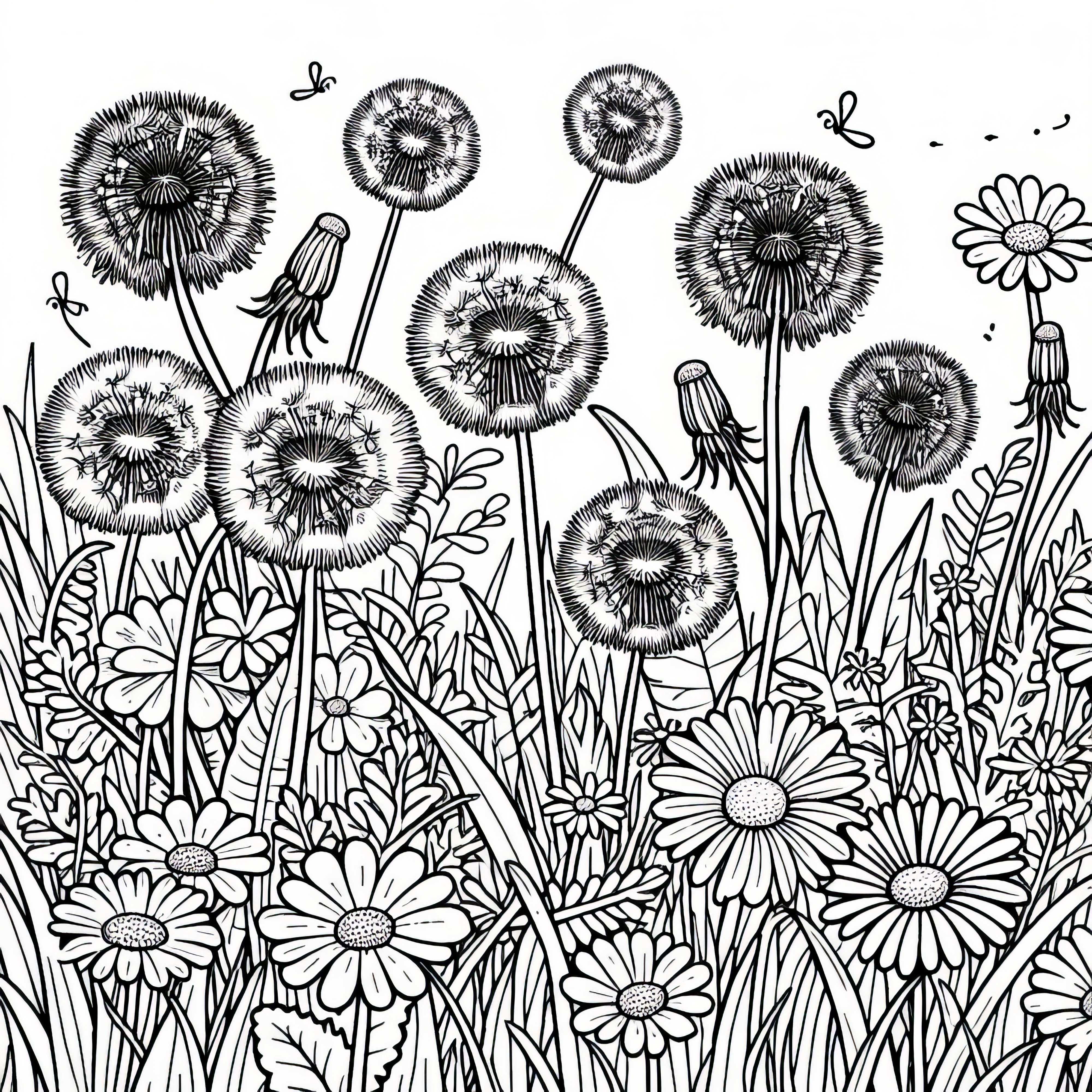 Няколко цветя: Глухарче, растящо в див участък с трева, с маргаритки &ndash; безплатен шаблон за рисуване