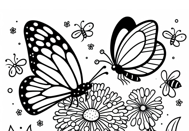Пеперуди трептят над цвете глухарче – Оцветяваща картинка безплатно