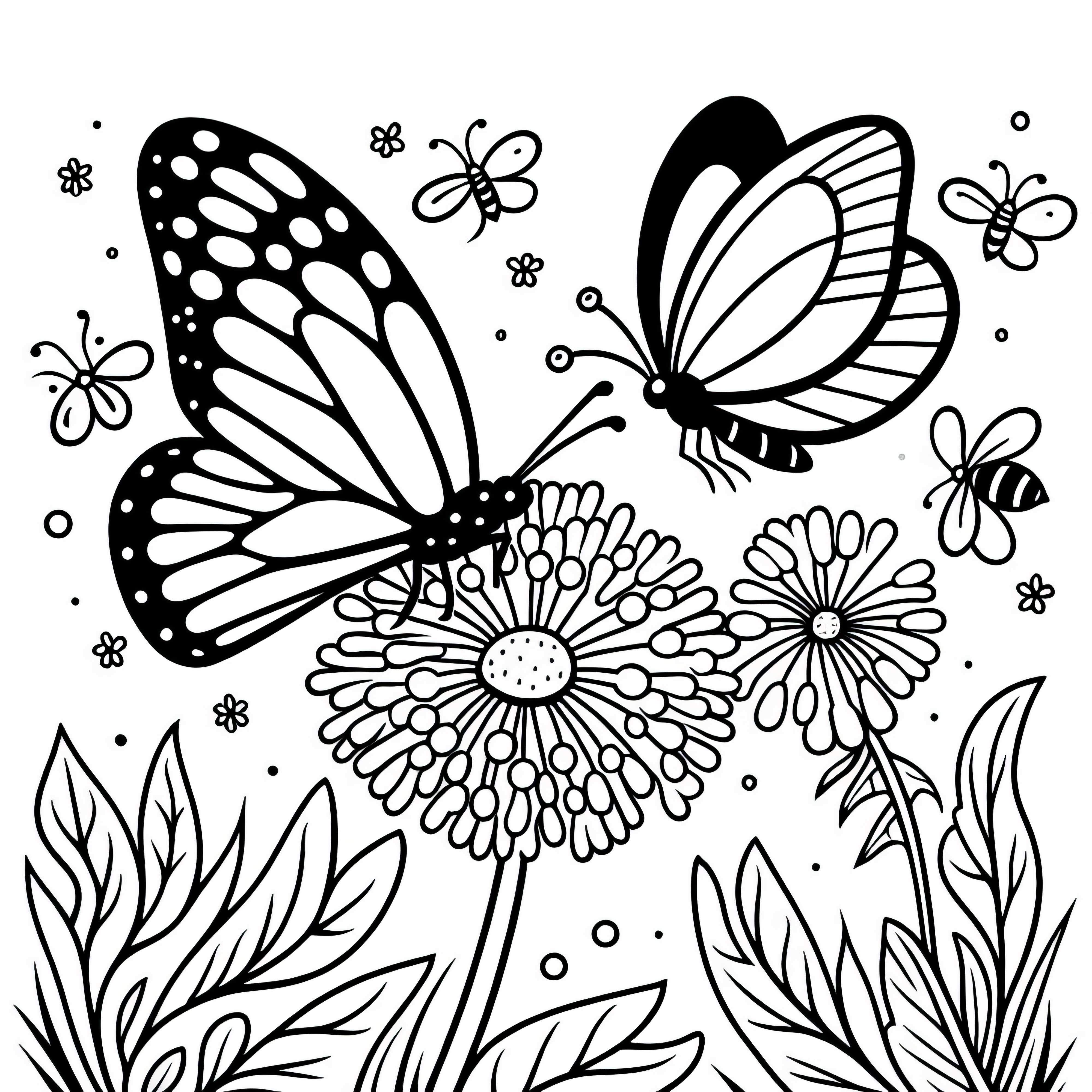 Пеперуди летят над цвете глухарче – Безплатна снимка за оцветяване Пеперуди летят над цвете глухарче – безплатна оцветяваща картина