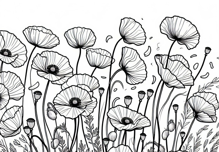 Няколко макове вятърът на лятно поле – Безплатна рисунка за оцветяване