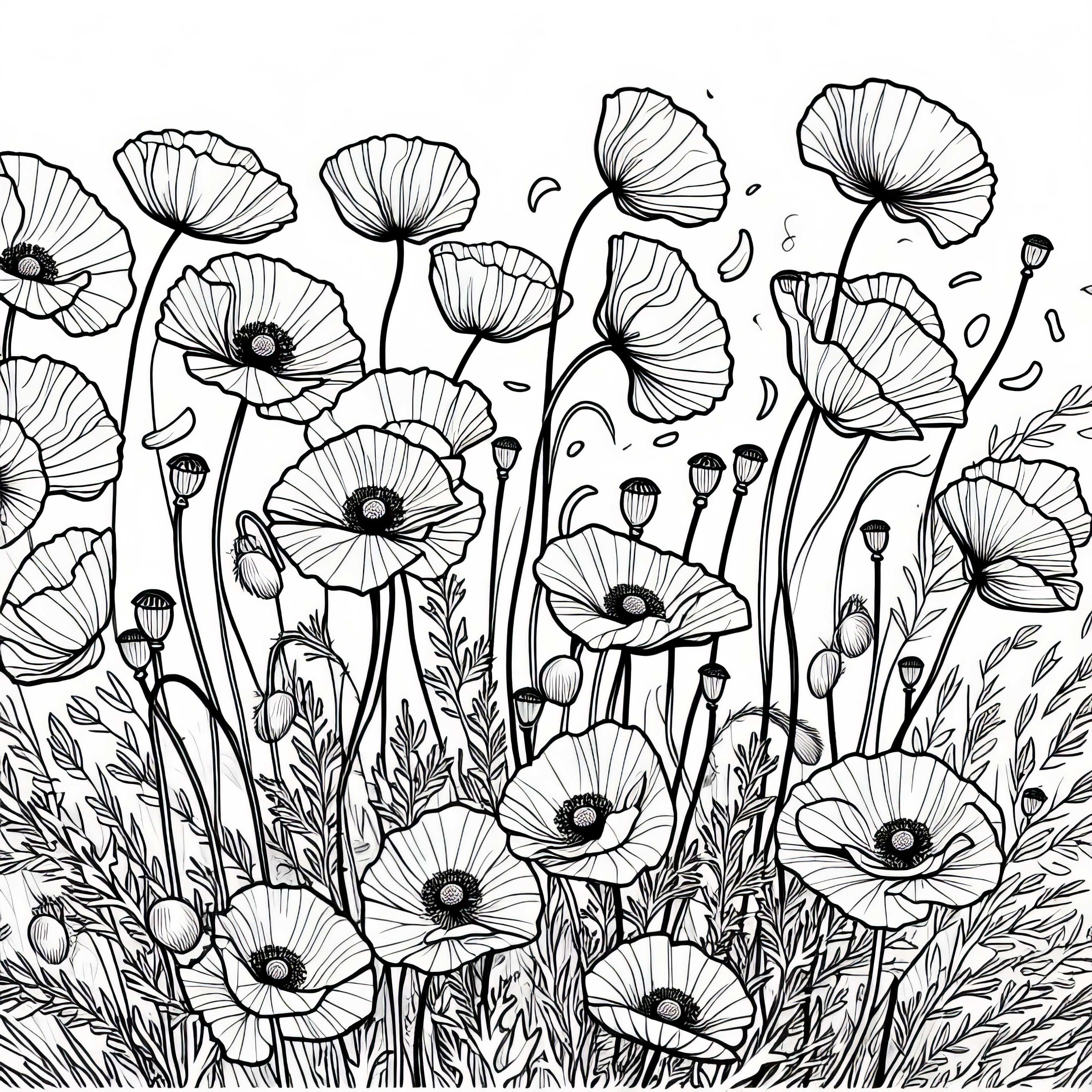 Няколко макове вятър на лятно поле – Безплатен контур за оцветяване Няколко макове на вятъра в лятно поле – Безплатна картинка за оцветяване