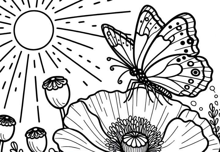 Пеперуда внимателно каца върху макова цветка – Безплатна рисунка за оцветяване