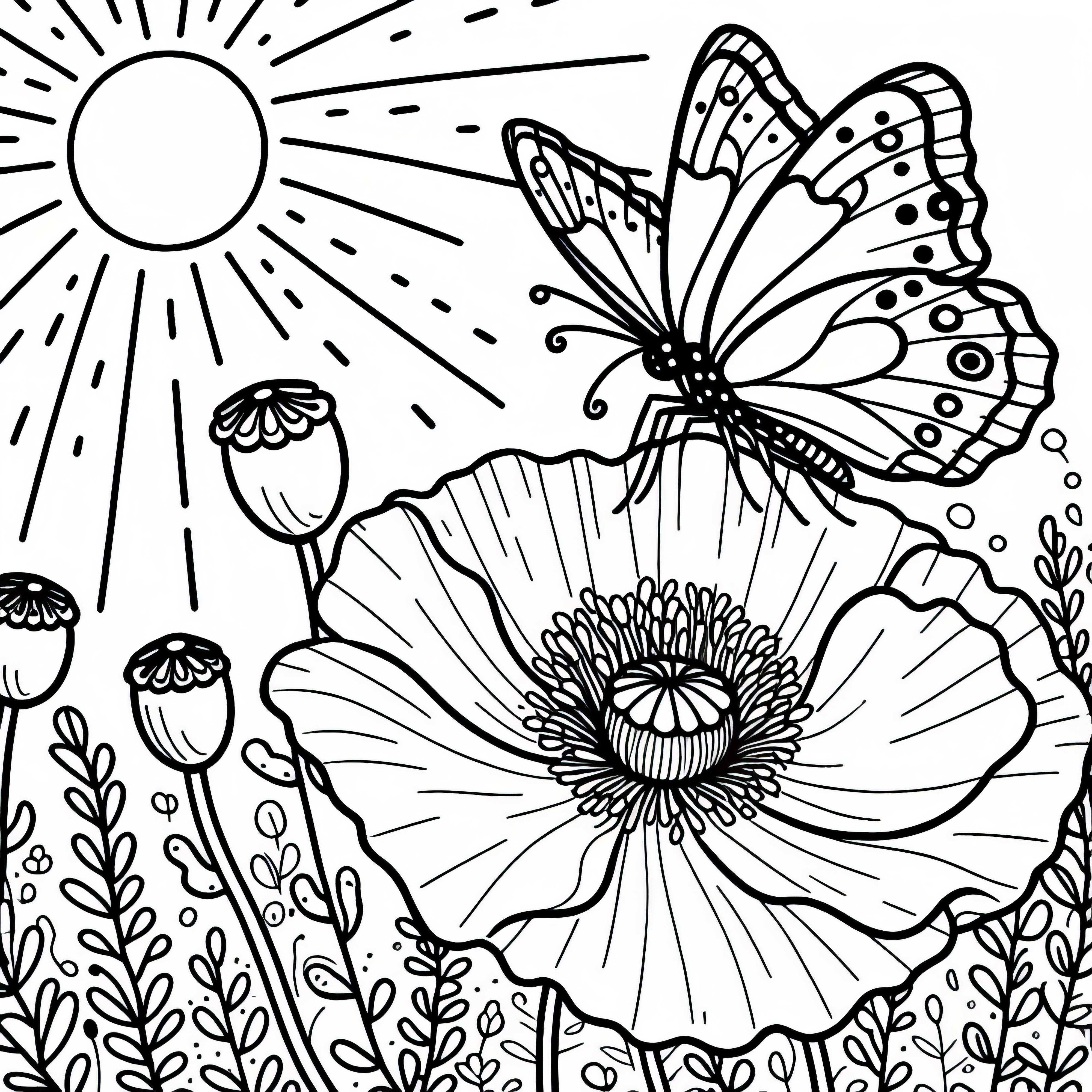 Пеперуда внимателно каца на мак – Безплатна картинка за оцветяване Пеперуда внимателно каца на маково цвете – Безплатна оцветяваща страница