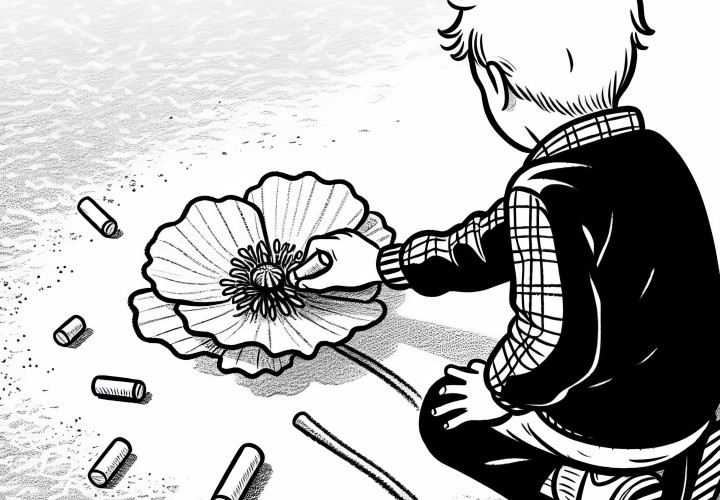 Детето рисува мак с тебешир на асфалт – Безплатна оцветяваща страница