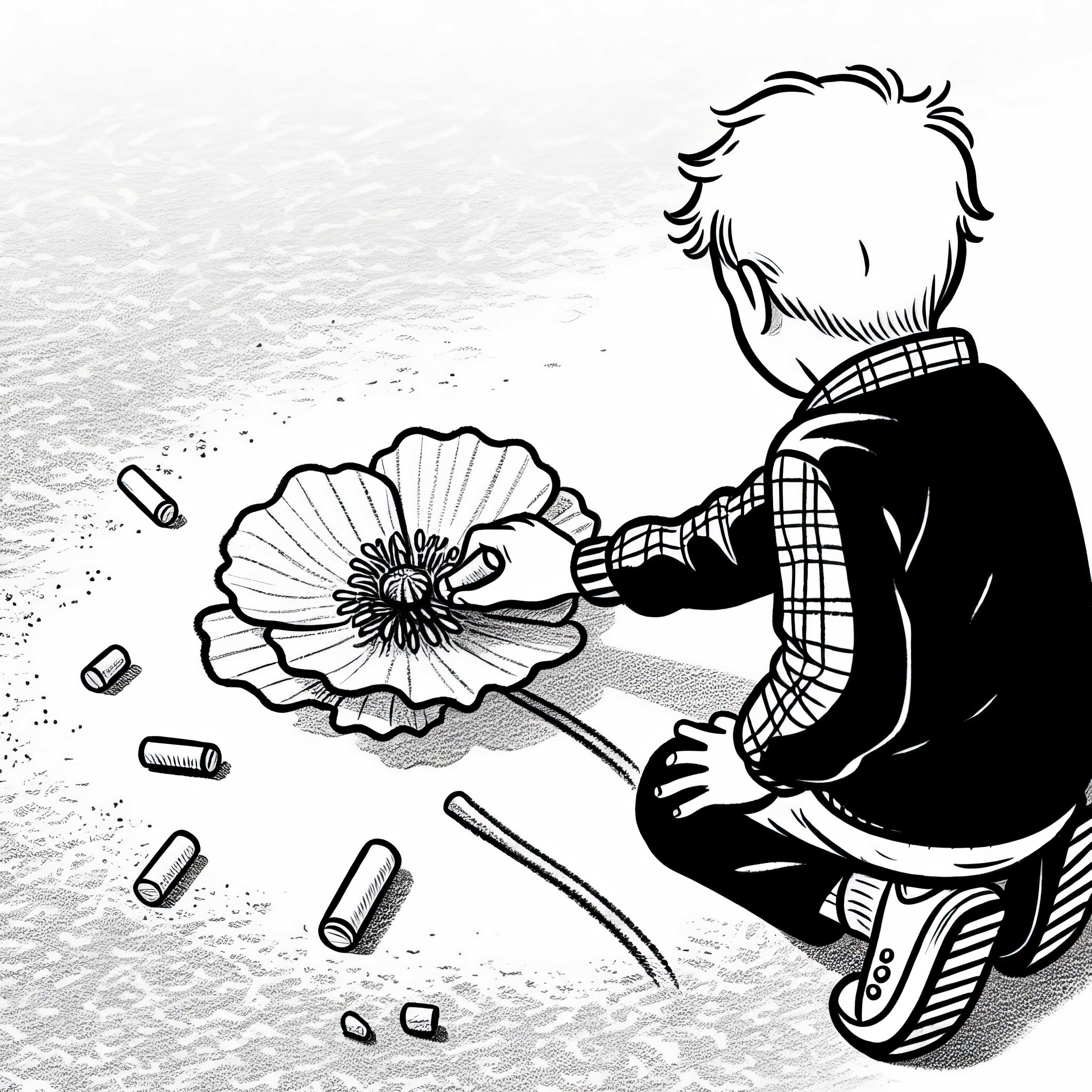 Дете рисува мак с тебешир на асфалт &ndash; Безплатна оцветяваща картина