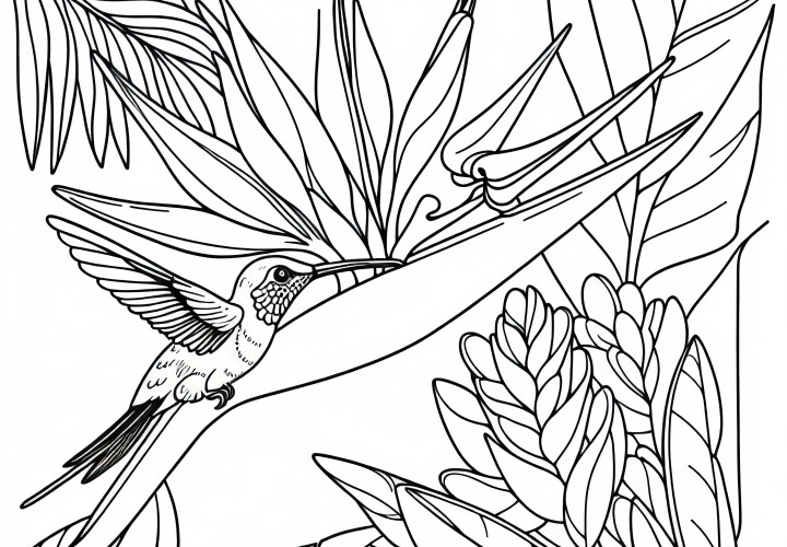 Колибри пие от цветето на цветето на райската птица – Безплатен шаблон за оцветяване