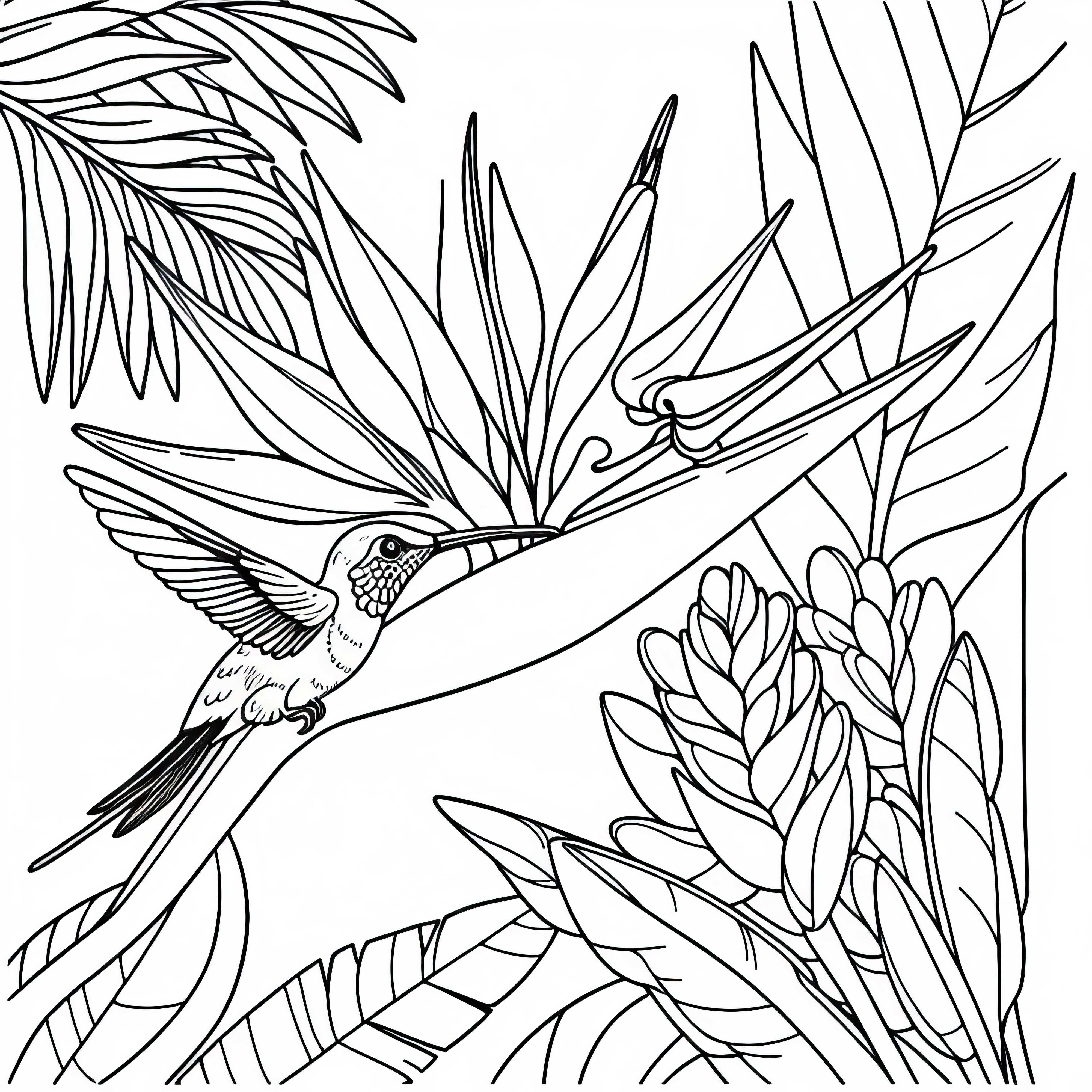 Колибри пие от цветето на птицата на рая – Безплатна оцветяваща страница Колибри пие от цвета на цветето на райската птица – безплатна книжка за оцветяване