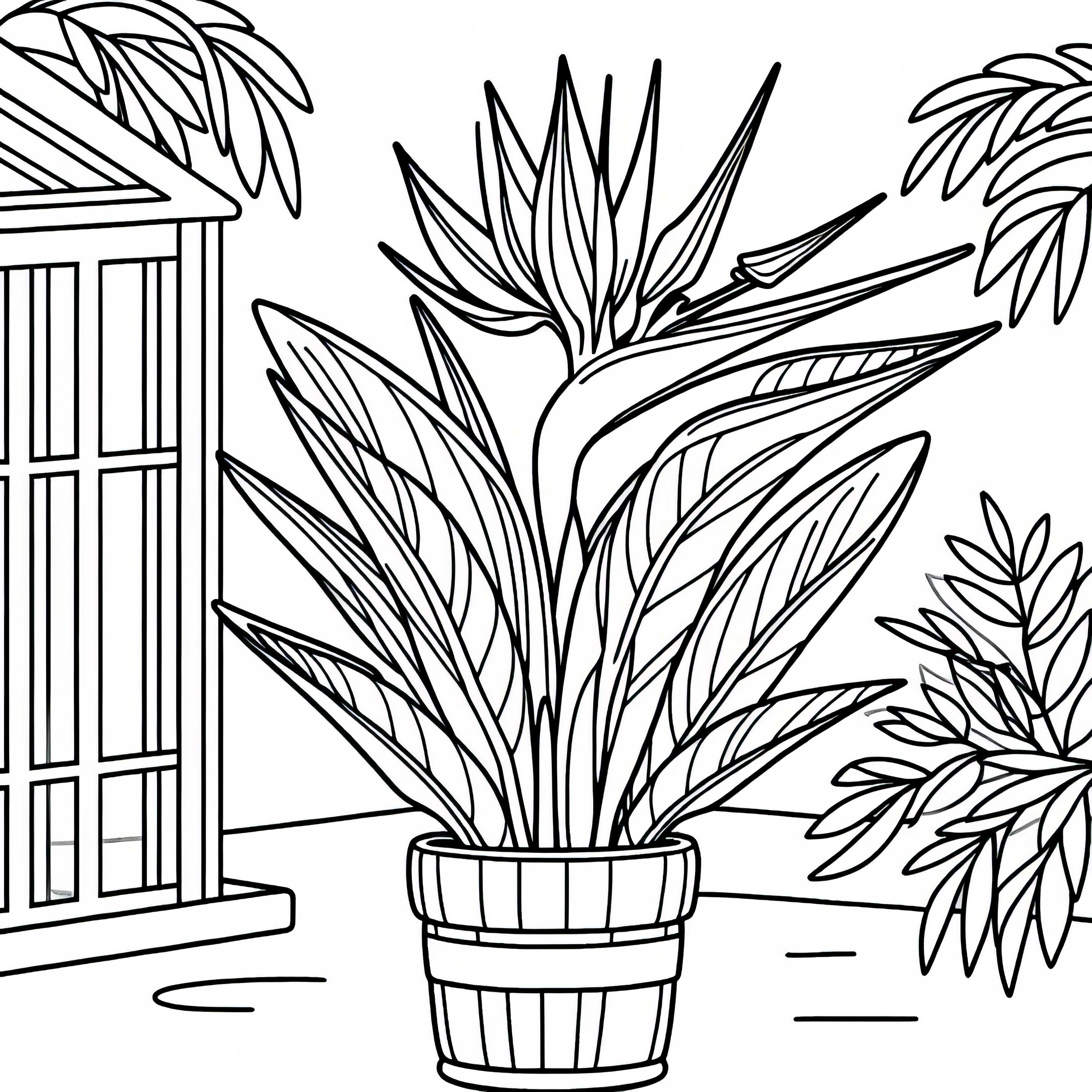 Цветето на рая расте в съд пред оранжерия – безплатна страница за оцветяване Цветето на райската птица расте в саксия пред оранжерия – безплатен контур за рисуване