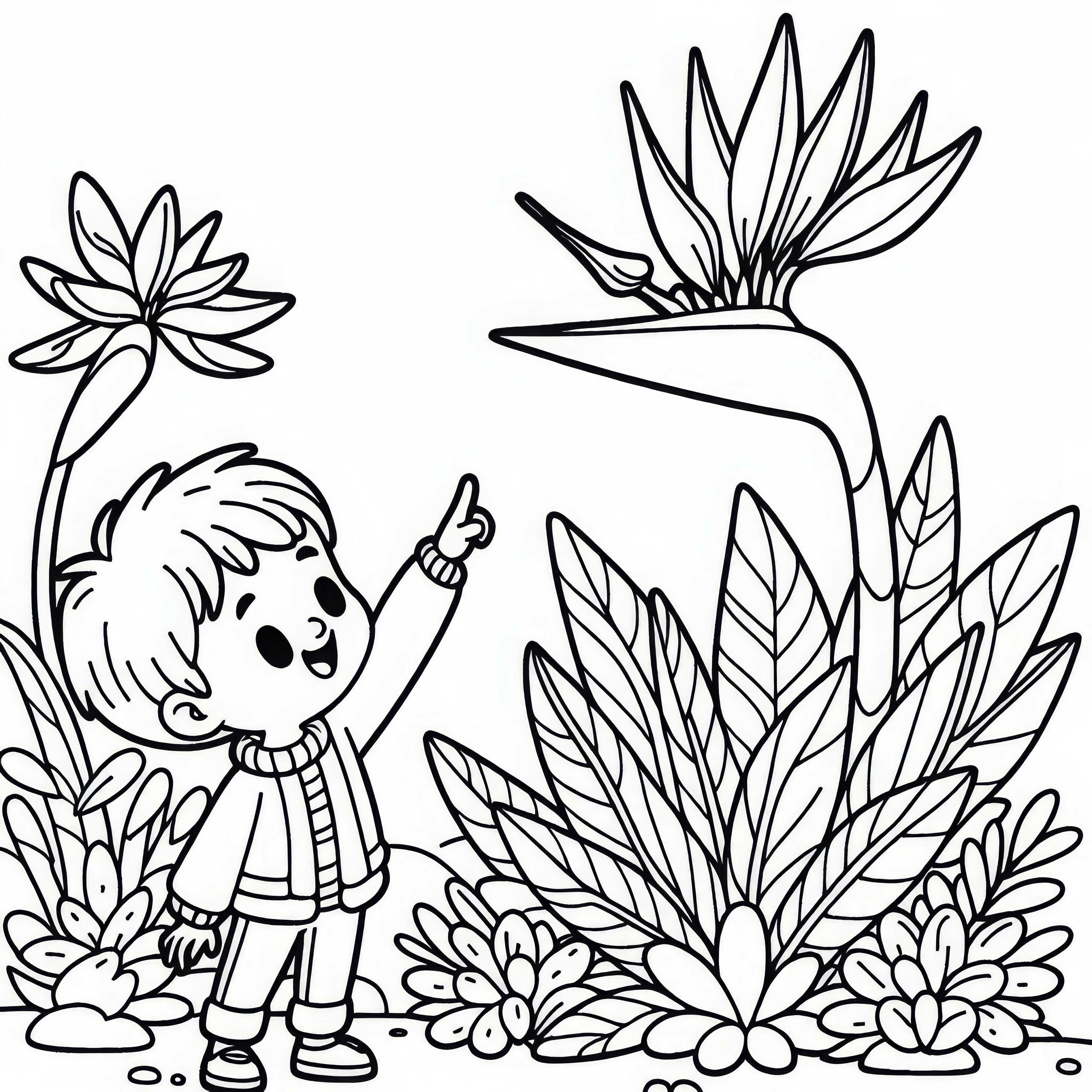 Дете с ентусиазъм показва на цвете от райски птици &ndash; Безплатно за изтегляне оцветяваща страница