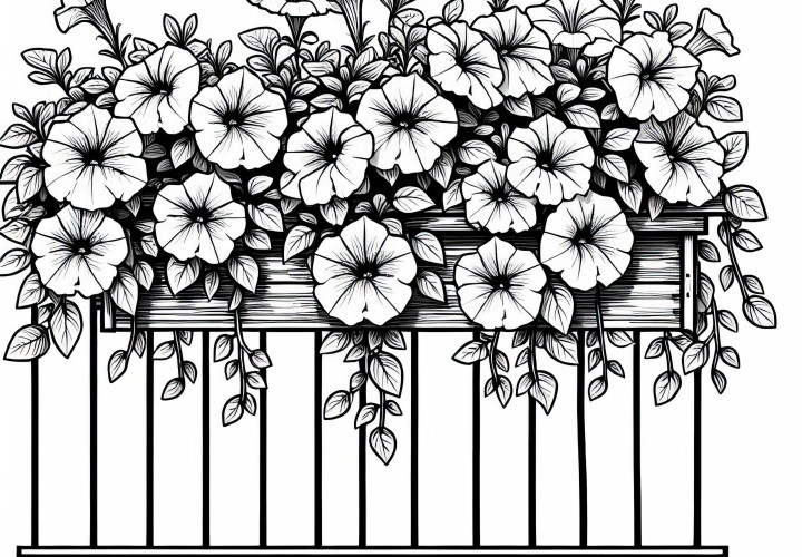 Няколко цветя: Петунии висят в сандъчето за балкон над парапета - Безплатен шаблон за оцветяване