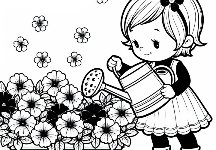 Niño riega flores y petunias con regadera - Plantilla para colorear gratis