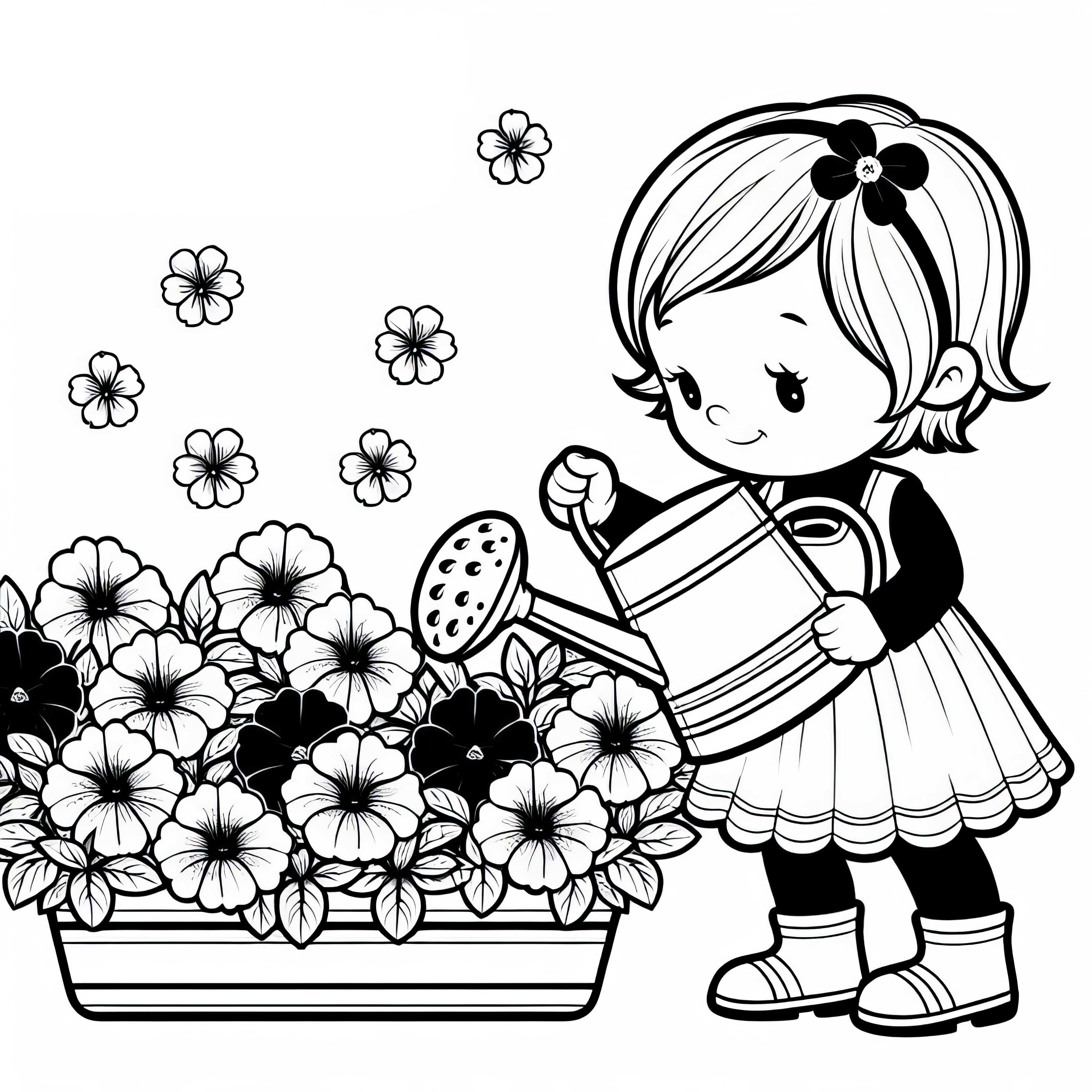 Niño riega flores y petunias con regadera - Plantilla para colorear gratis