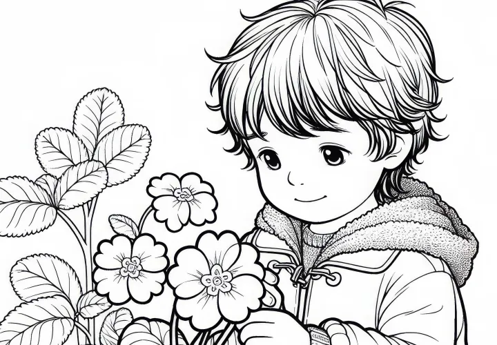 Copilul privește desenul de colorat cu floarea primula gratuit