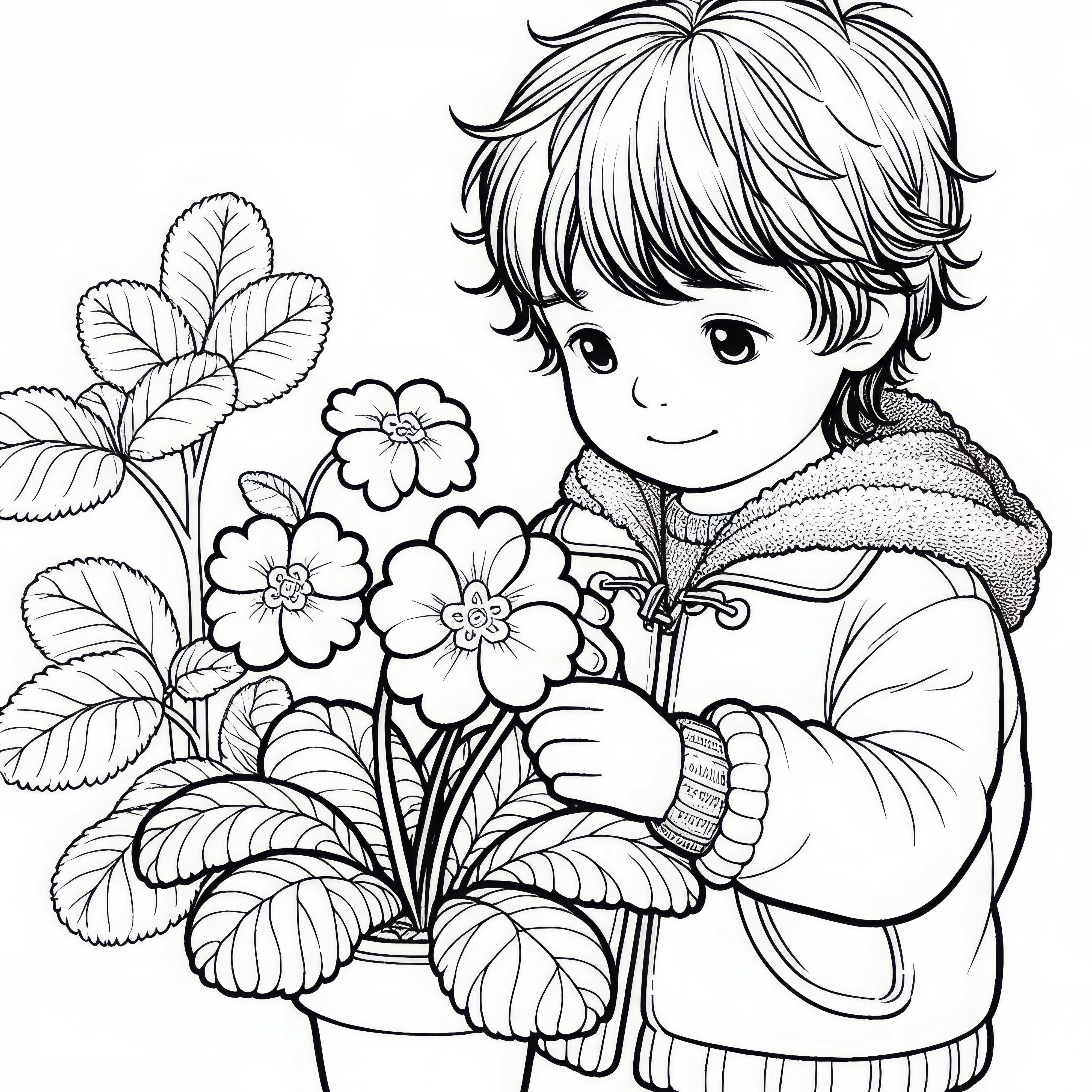 Детето гледа цвете примула, безплатна оцветявка Детска картина за оцветяване на цвете примула безплатно