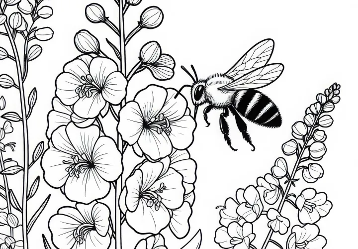 Une abeille vole le long d'une fleur de Delphinium - Dessin à colorier gratuit