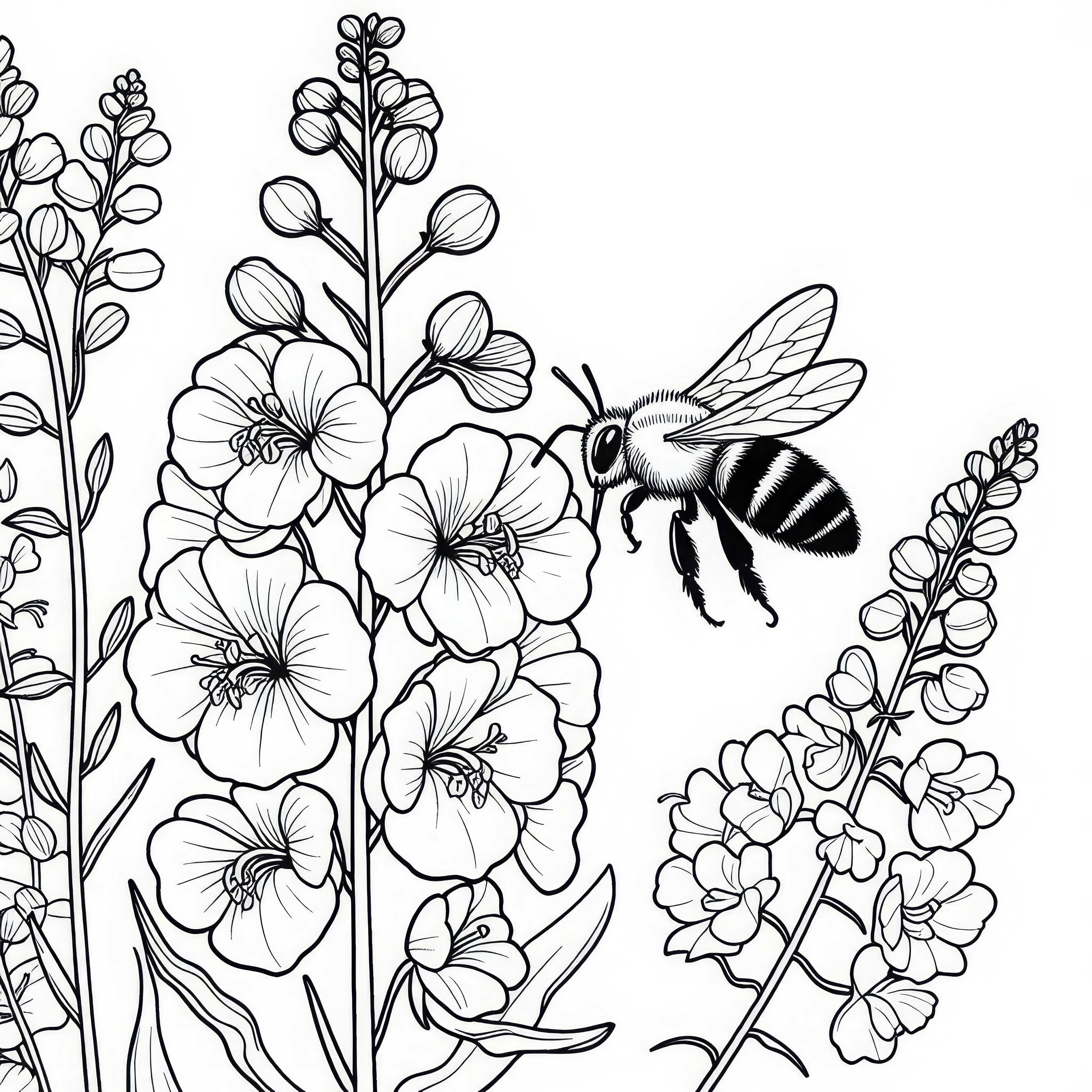Пчела лети покрай цвете рицарски коприва - безплатна оцветяване Пчела лети покрай цвете Делфиниум – Безплатна картина за оцветяване