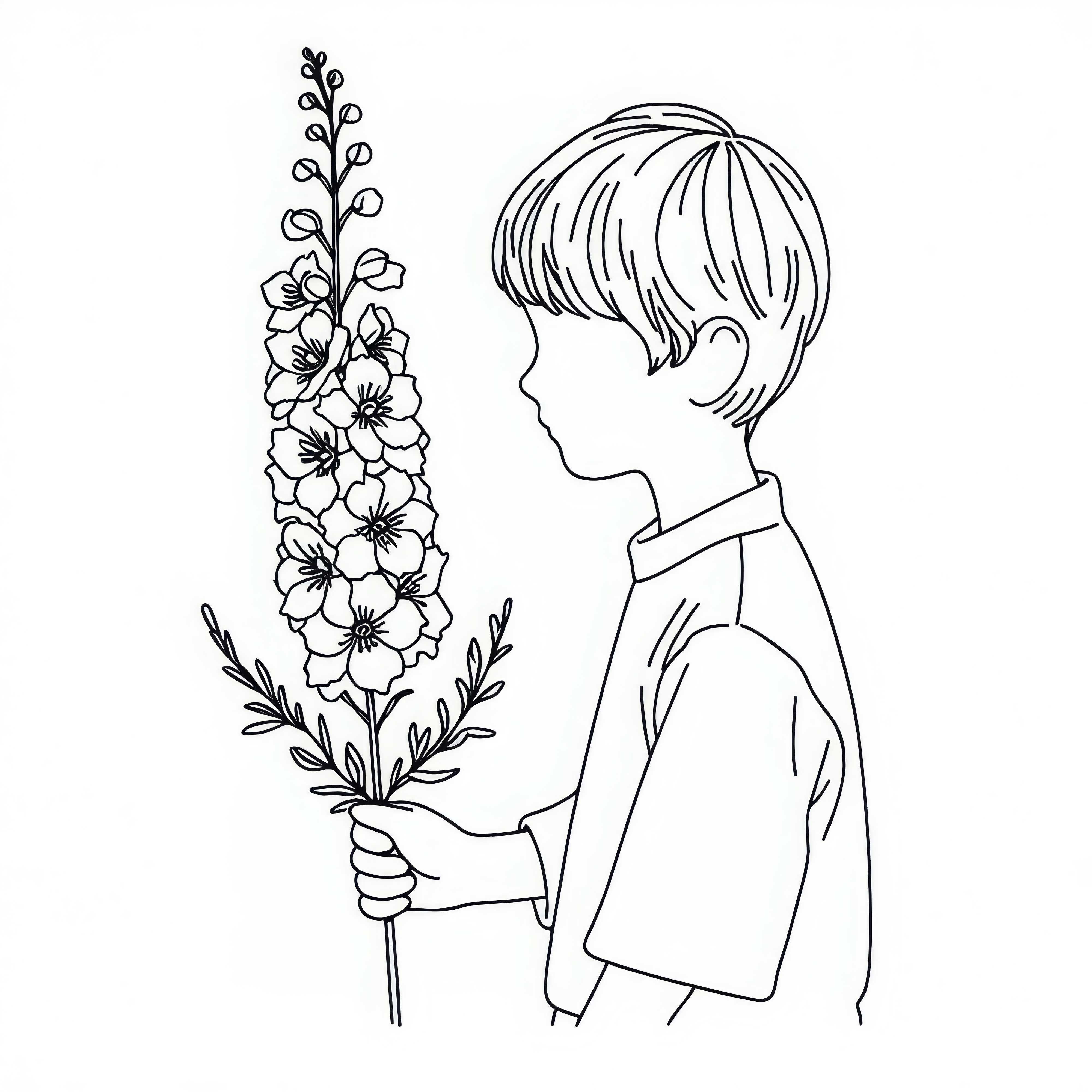 Дете държи делфиниум – безплатен шаблон за оцветяване Дете държи рицарски цветя – безплатна рисунка за оцветяване