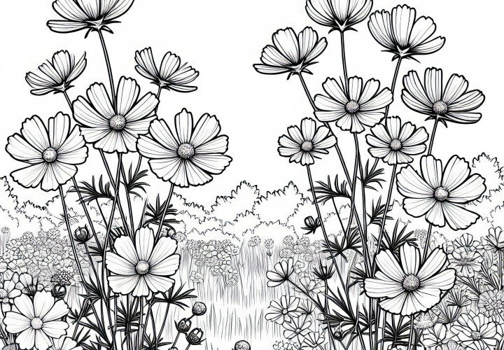 Няколко цветя и кошчета за бижута растат на ливадата - Безплатен шаблон за оцветяване