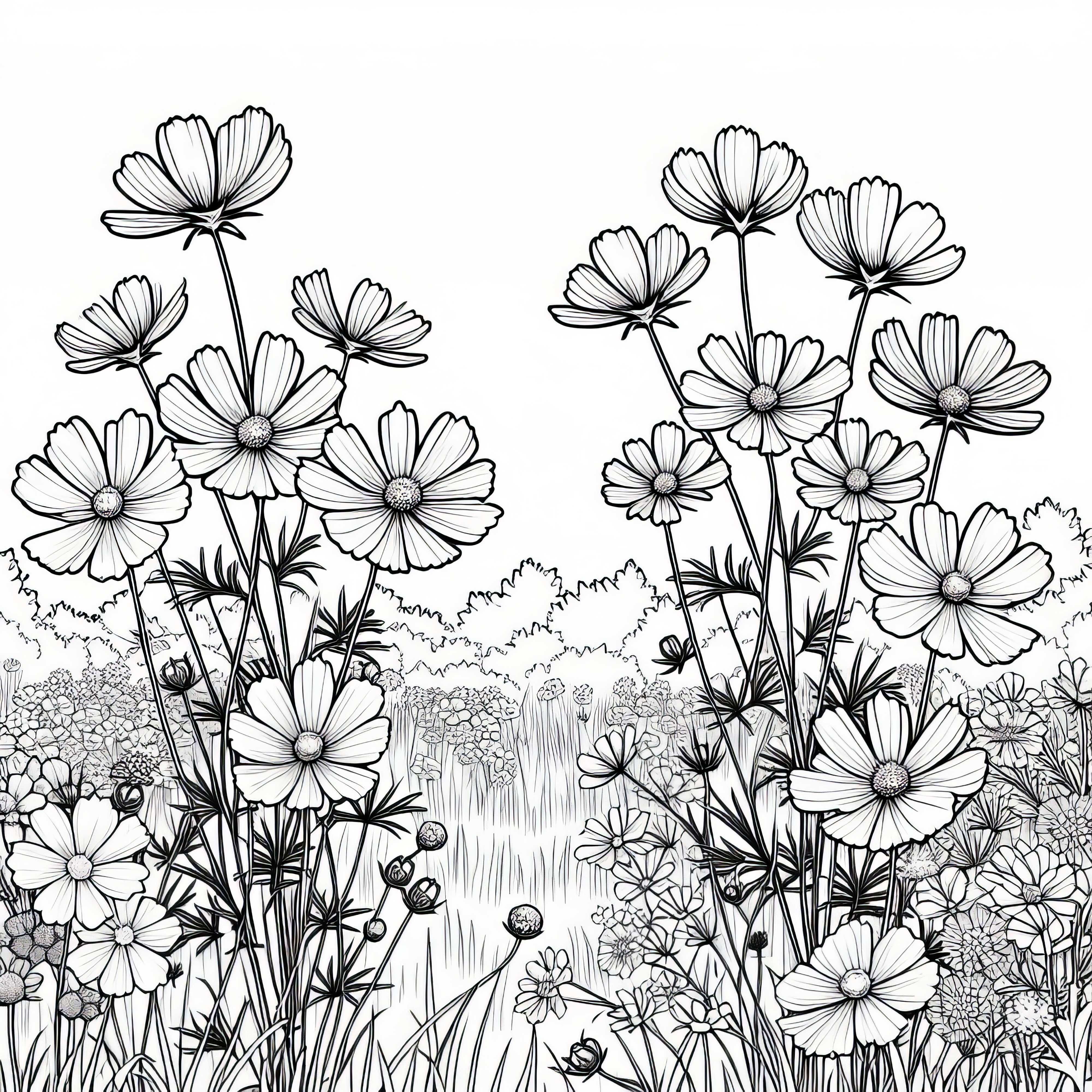 Няколко цветя и кошнички за бижута растат на ливада – безплатен шаблон за оцветяване Няколко цветя и бижутерски кошнички растат на ливадата – Безплатен вариант за оцветяване