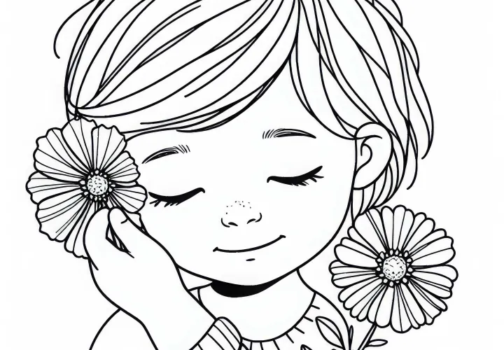 Child puts flower in the jewelry basket behind the ear - free coloring page