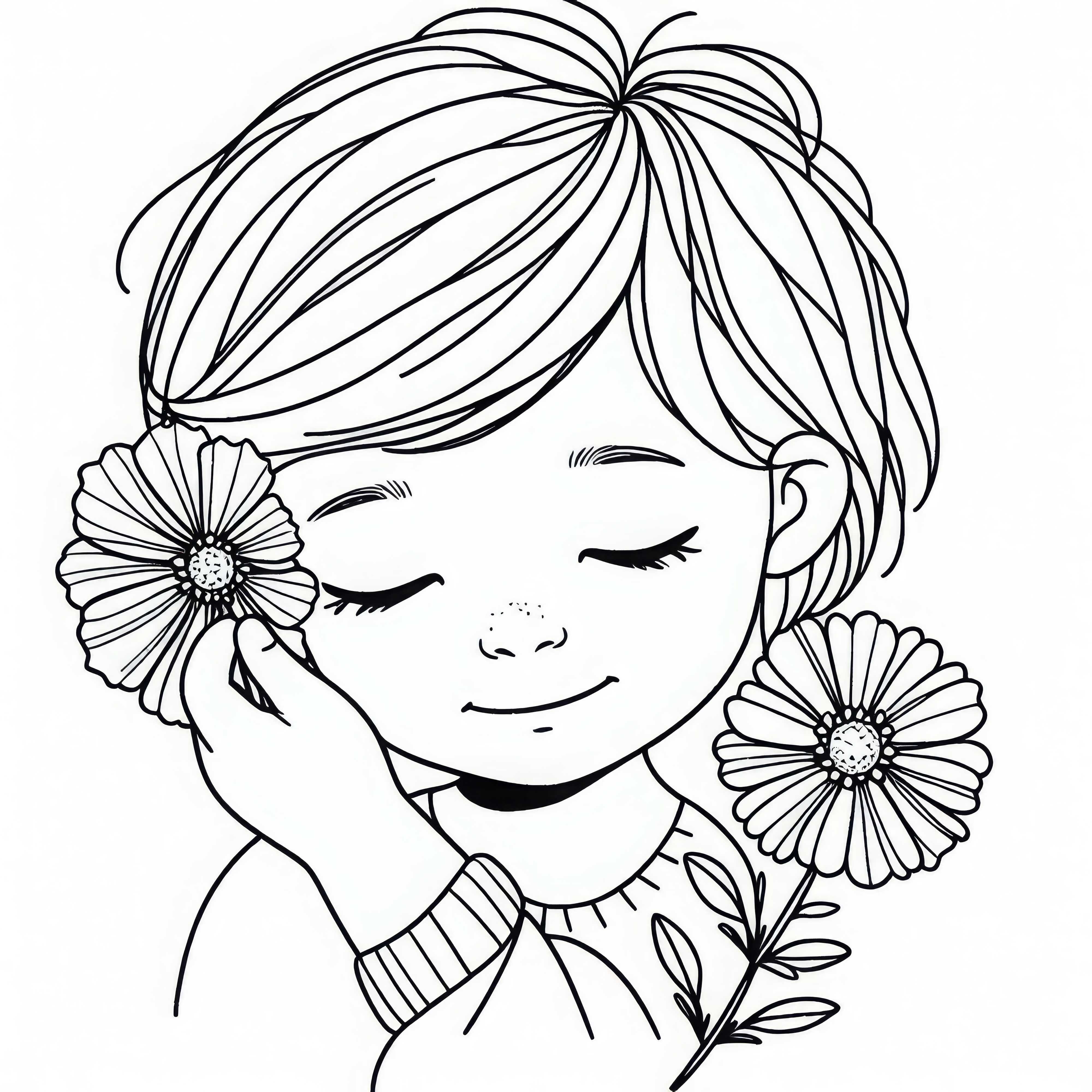 Дете слага цвете в кошничката за бижута зад ухото - безплатен образец за оцветяване Дете слага цвете в кошничката за бижута зад ухото – безплатна оцветяваща страница