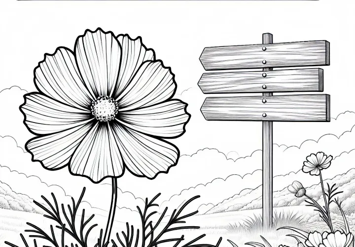 Coloring page of a flower in a decorative basket, gently swaying in the wind, near a wooden sign