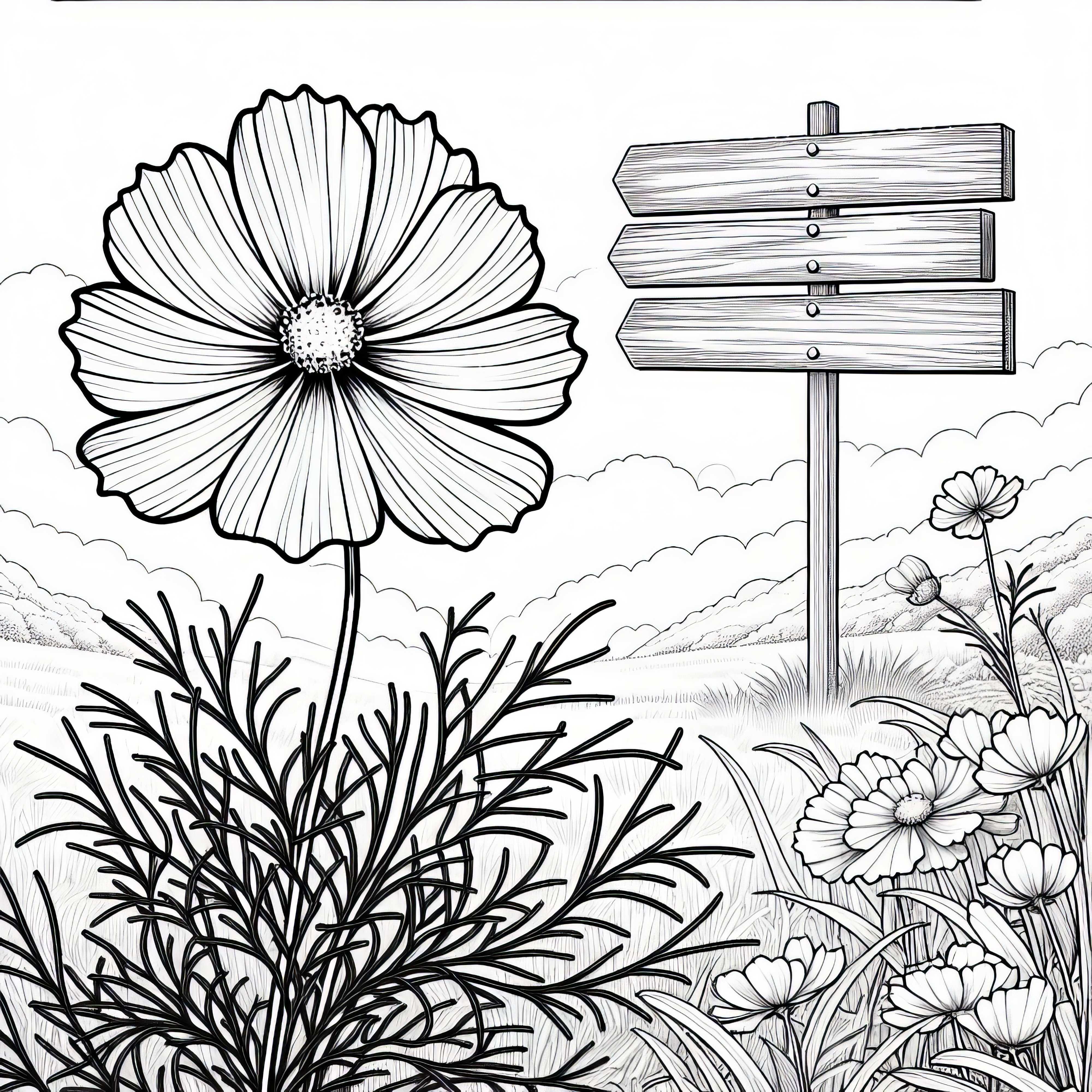 Оцветяваща картинка на цвете в бижутерска кошничка, което се люлее нежно на вятъра, близо до дървено табло Оцветяваща картинка на цвете в бижутерска кошница, което се полюшва нежно на вятъра, близо до дървена табела