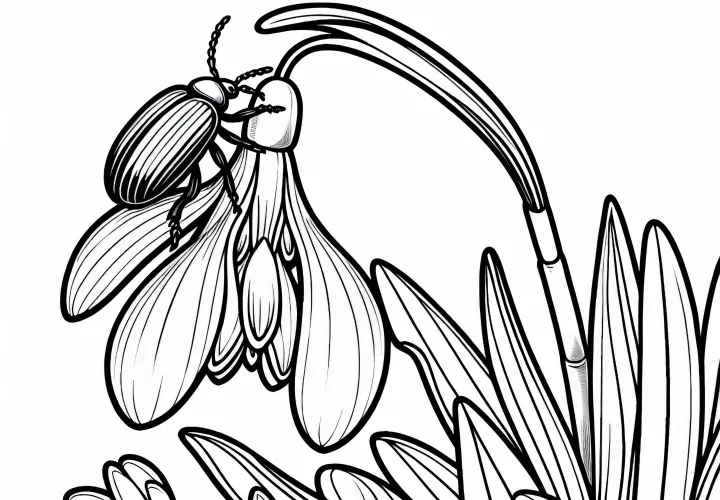 Hrošč se plazi po cvetu snežinke – brezplačna barvna predloga