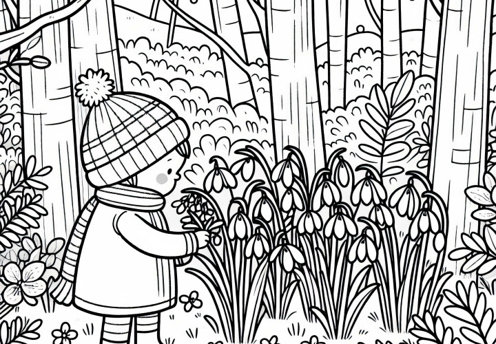 Дете открива кокичета в гората - Безплатна оцветяваща страница