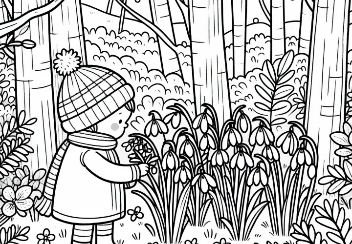 Otrok odkrije zvončke v gozdu – brezplačna predloga za barvanje