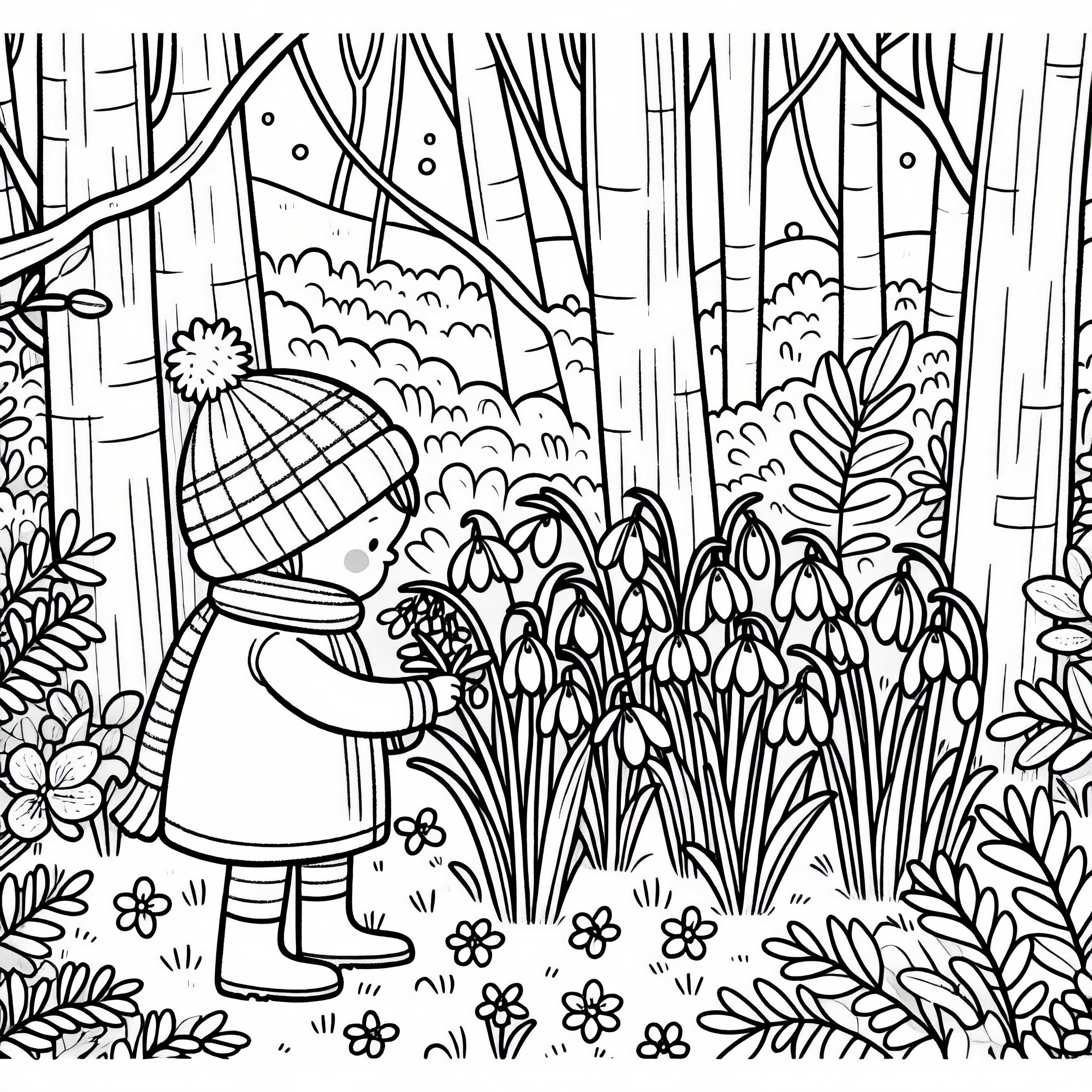 Дете открива подснежници в гората - безплатна оцветяваща страница Дете открива кокичета в гората – Безплатен шаблон за оцветяване