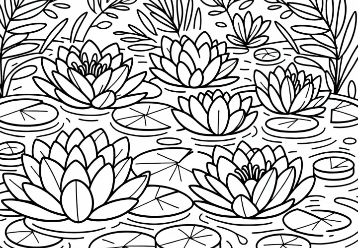 Na rybníku plave několik leknínů – Omalovánka zdarma