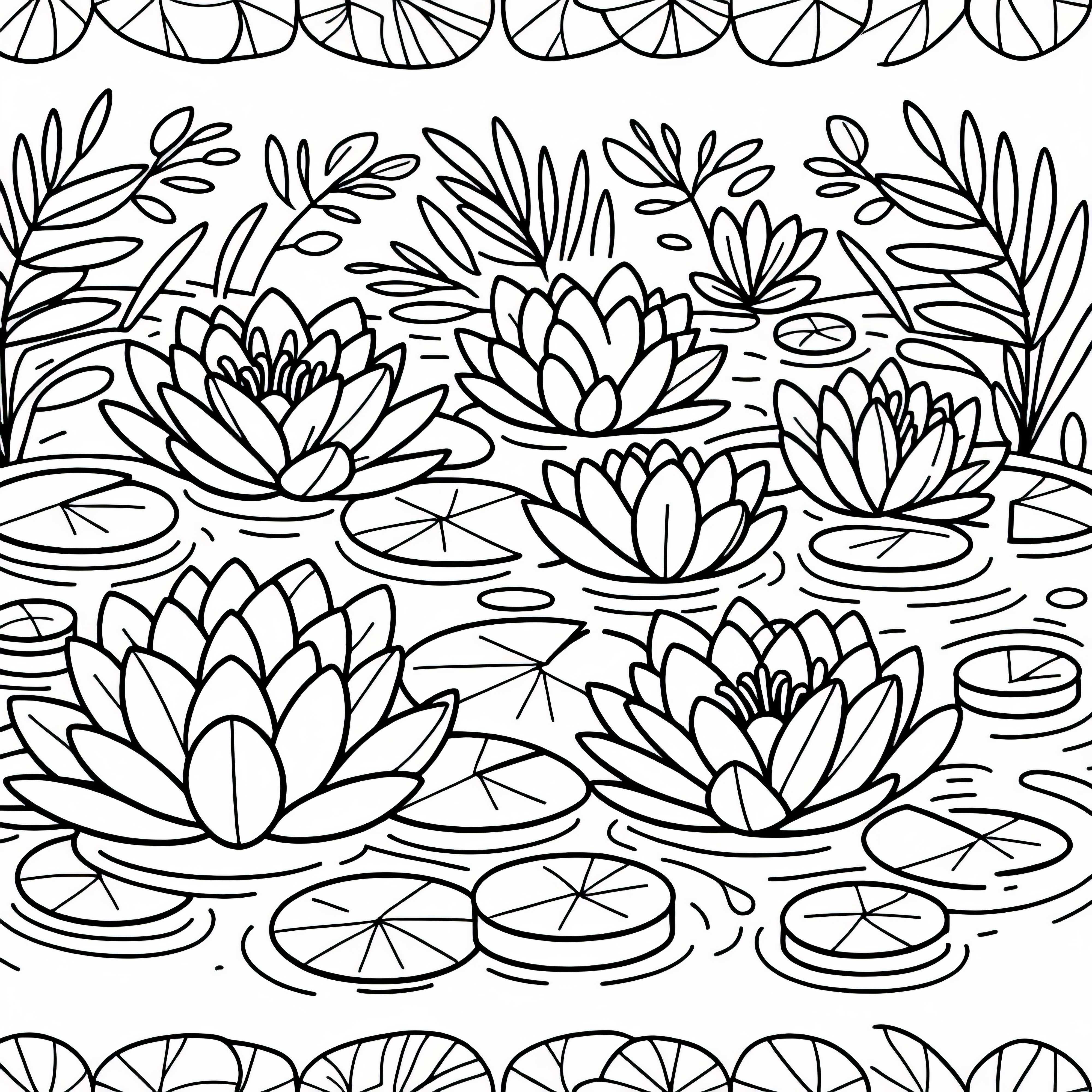 Няколко водни лилии плават на езеро - Безплатна оцветяваща страница