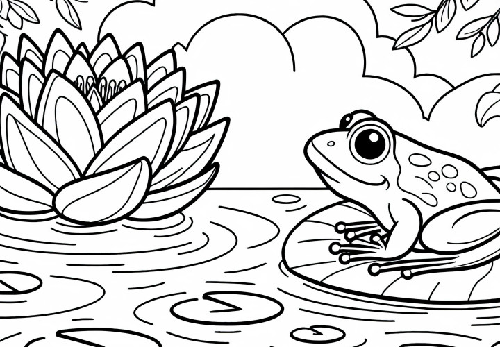 Жаба седи на лист близо до водна лилия – Безплатна рисунка за оцветяване