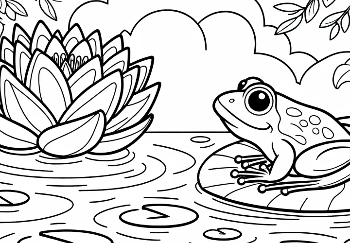 Žába sedí na listu blízko leknínu – omalovánka zdarma