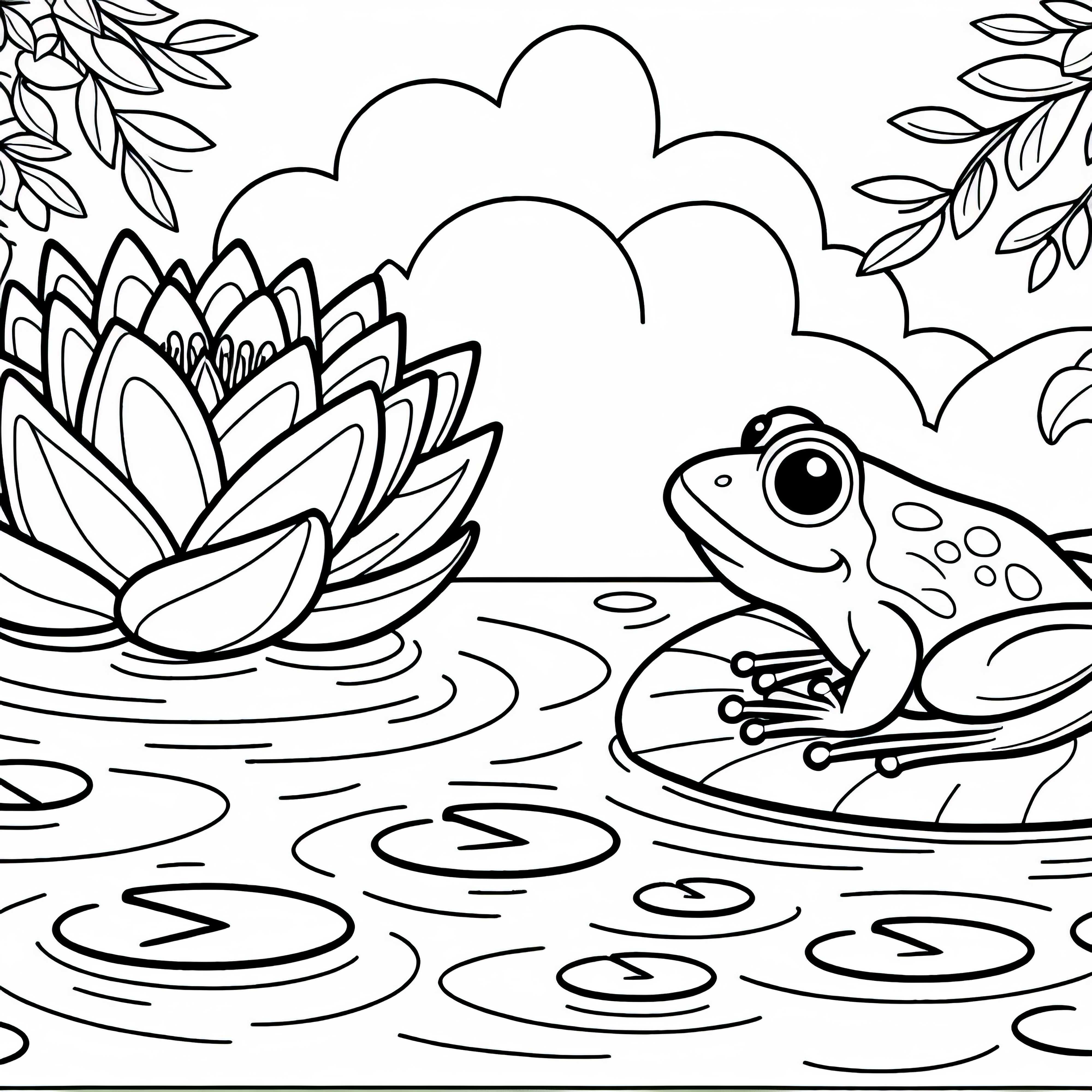 Жаба седи на лист близо до водната лилия &ndash; безплатен шаблон за оцветяване